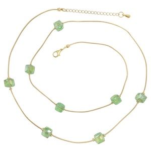 Green Glass Cube Bead Long Necklace Earrings Set